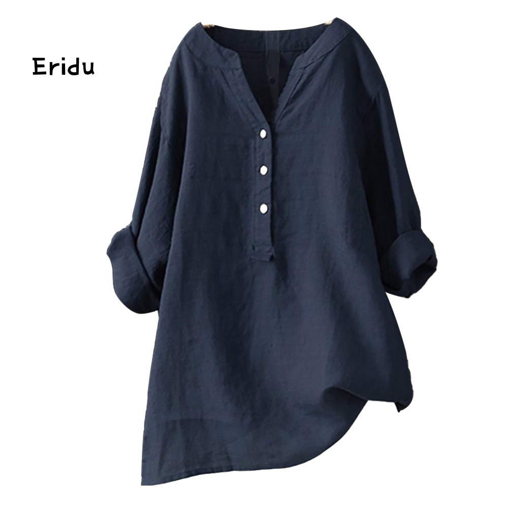 Korean Plus Size Women Solid Color V Neck Long Sleeve Shirt Loose Linen Blouse Top | WebRaoVat - webraovat.net.vn