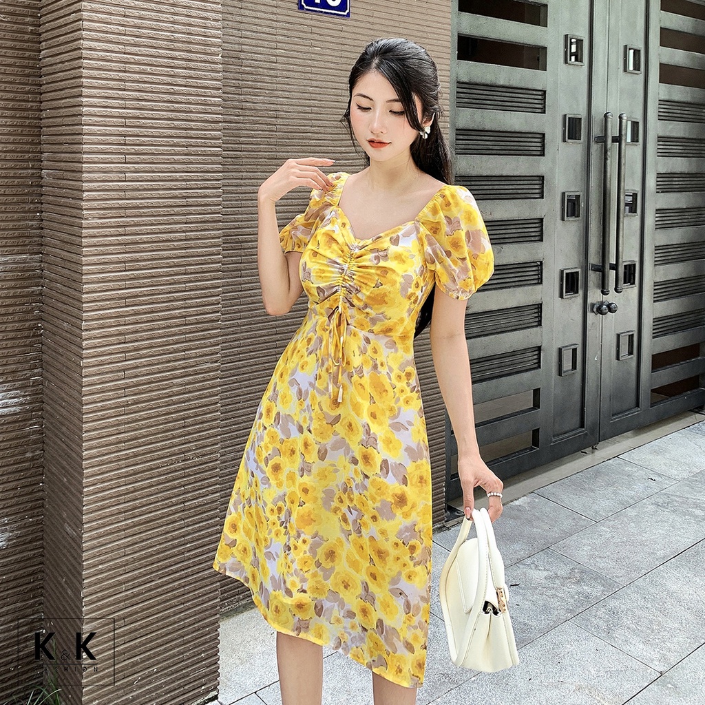 Đầm Xòe Hoa Công Sở Phối Dây Rút K&K Fashion KK112-15 Màu Vàng Chất Liệu Châu Toan