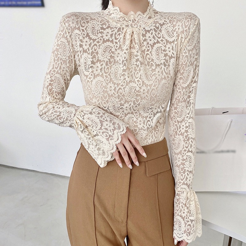 Áo thun cổ lọ tay loe phối ren dáng ôm thời trang mùa thu cho nữ