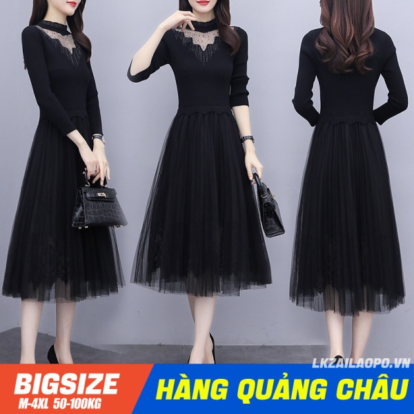 BIGSIZE nữ 45-100kg Váy Đầm trung niên Dệt Kim Tay Dài dáng Ôm Phối Ren Lưới Giả Hai Lớp Thời Trang Xinh Xắn Cho Nữ trẻ trung năng động cho người mập béo 45-100kg quảng châu cao cấp