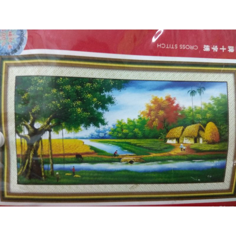 Tranh thêu chữ thập cây đa làng tôi