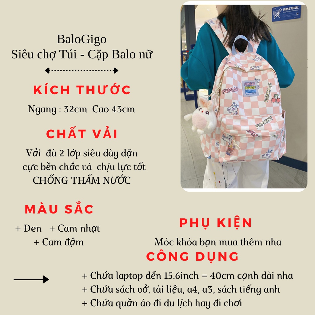 Ba lô caro đi học đi chơi vải chống thấm nước siêu cute FUMIAO ( không móc khóa) G229 - BaloGigo