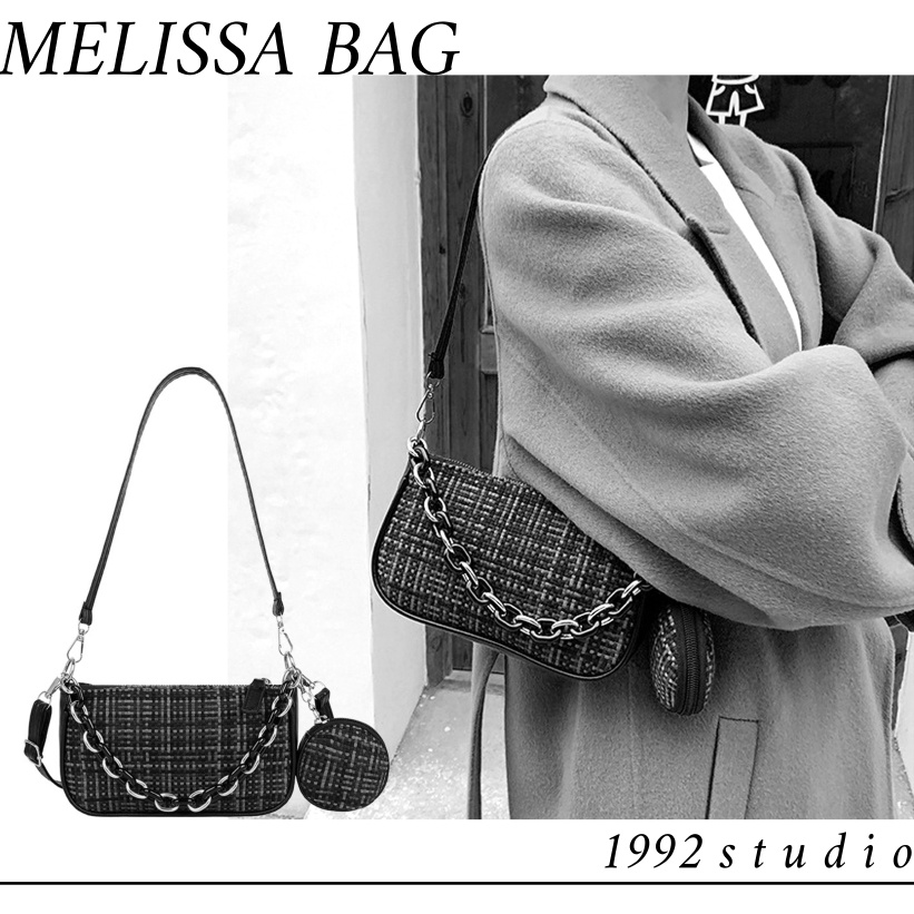 Túi xách nữ / 1992 s t u d i o/ MELISSA BAG/ da phối vải tweed caro