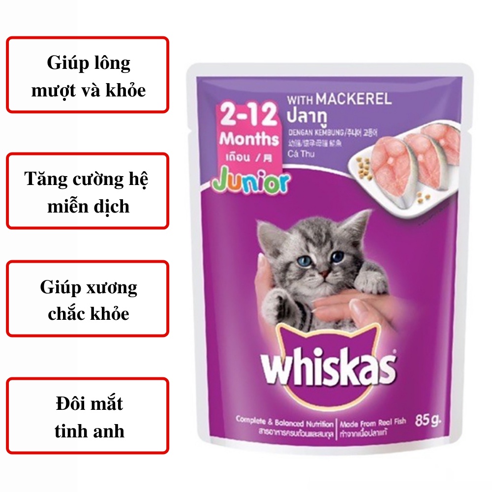 Pate mèo con Whiskas 2 vị cá ngừ cá thu tươi ngon hấp dẫn giàu dinh dưỡng dạng túi 80g