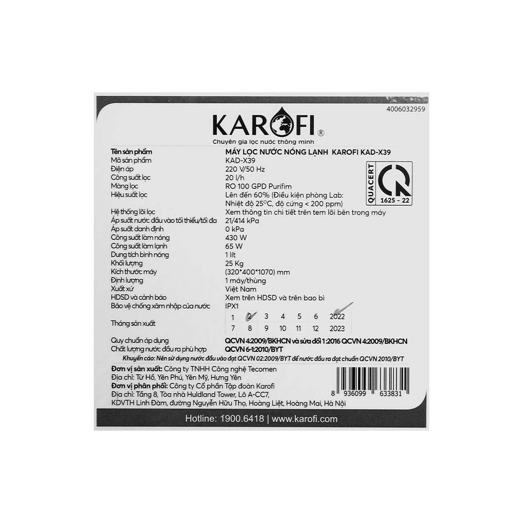 Máy lọc nước RO nóng nguội lạnh Karofi KAD-X39 10 lõi - Hàng chính hãng