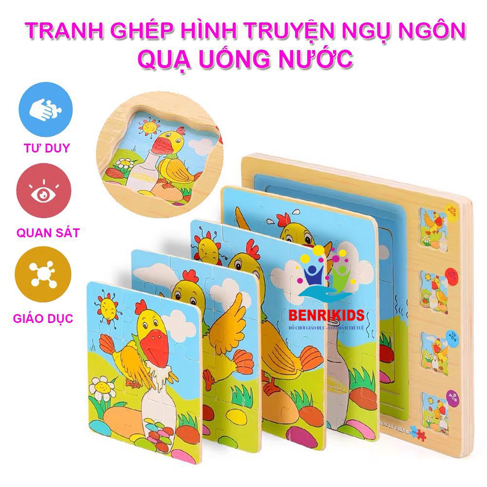 Đồ Chơi Xếp Hình Puzzle-Tranh Ghép 4 Lớp 4 Cấp Độ Mang Những Câu Chuyện Ngụ Ngôn Ý Nghĩa Cho Bé Bằng Gỗ