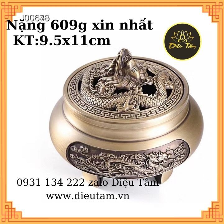 Lư đồng rồng xịn chạm khắc rồng, nắp rồng nặng 609g - lư đồng xông trầm thay cho lư điện, lư đốt nhang trầm