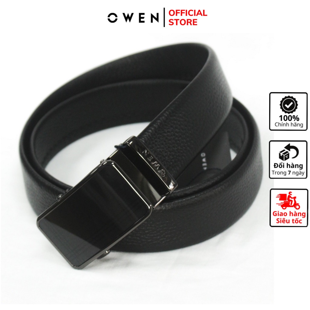 Thắt lưng da bò nam cao cấp OWEN BELT220594 dây nịt da thật màu đen mặt hợp kim đúc nguyên khối khóa trượt tự động