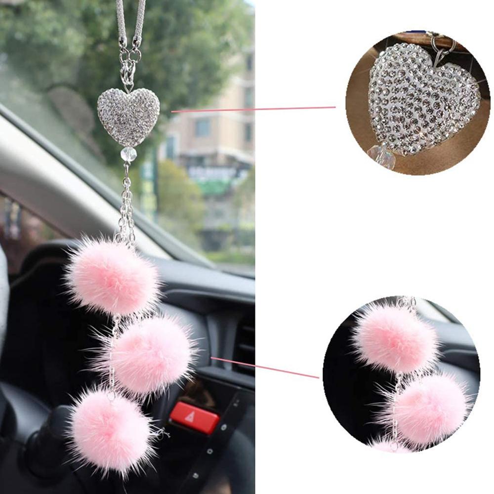 REBUY1 Phụ Kiện Treo Trang Trí Kính Chiếu Hậu Xe Hơi Đính Banh Lông Màu Hồng Lấp Lánh