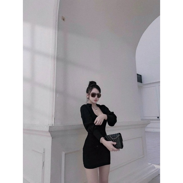 Đầm Váy Nữ Ôm Body Dài Tay Bo Gấu Cổ Chữ U Cách Điệu Sang Sịn Mịn hàng thiết kế by Chens