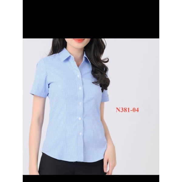 Áo sơ mi nữ Thái Hòa sọc caro màu xanh vải sợi tre pha cotton và poly