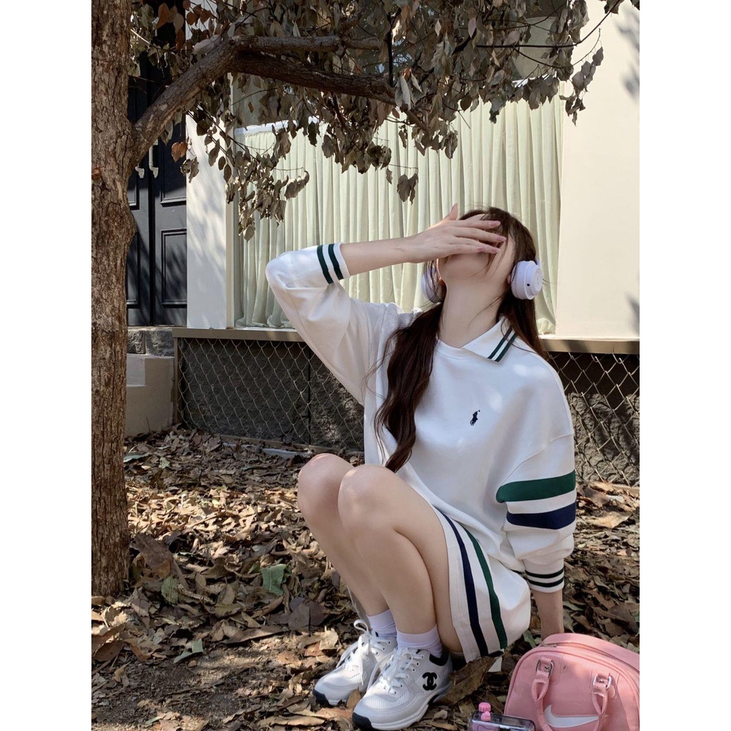 Áo Thun polo Tay Dài Họa Tiết Kẻ Sọc Phong Cách Retro Cho Nữ