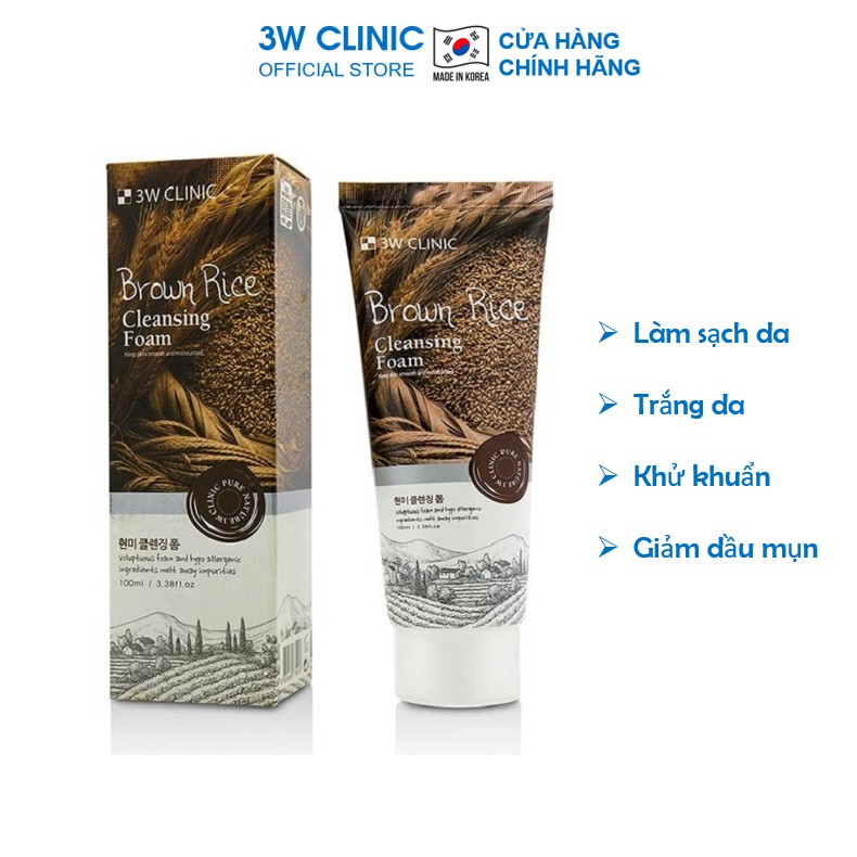 Sữa rửa mặt làm sạch sâu và sáng da chiết xuất từ lúa mạch 3W CLINIC BROWN RICE CLEANSING FOAM Hàn Quốc 100ml