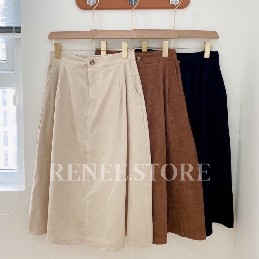 Chân váy dài nhung tăm Renee váy chữ a lưng chun 3 màu vintage - V178
