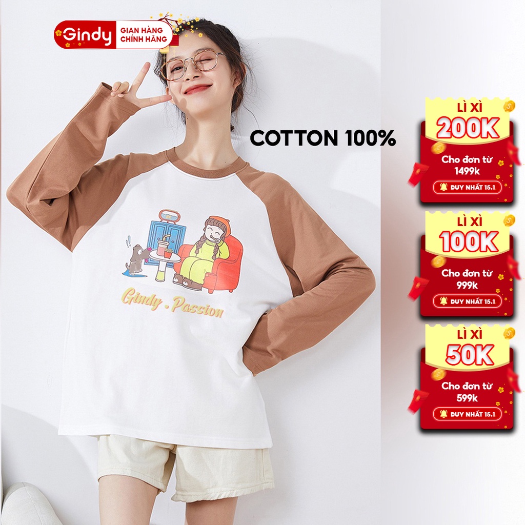 Áo thun phông dài tay nữ GINDY form rộng xuân hè in hình cổ tròn vải cotton 100% co dãn 4 chiều A051