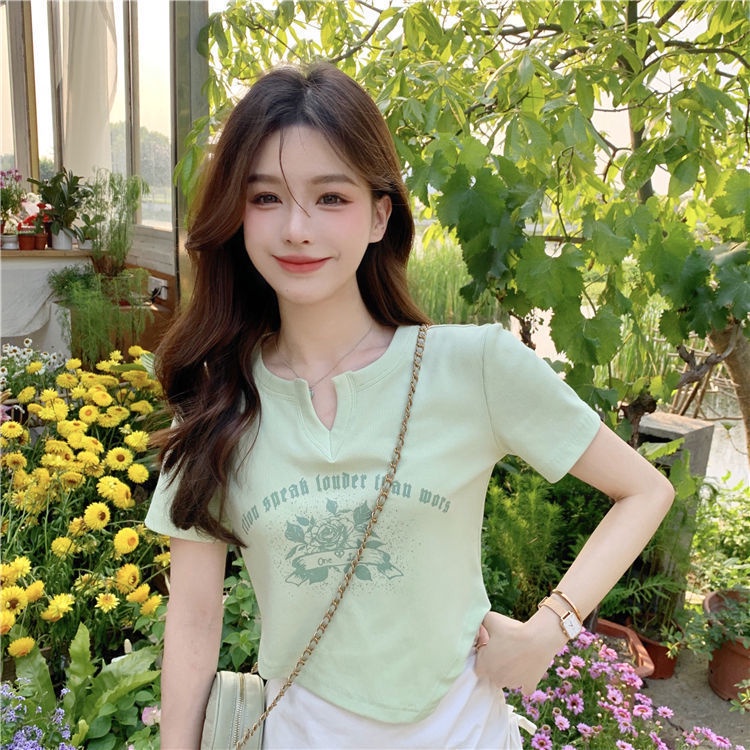 COZOKC COZOK Áo thun COZOK tay ngắn cổ chữ V thiết kế độc đáo thời trang