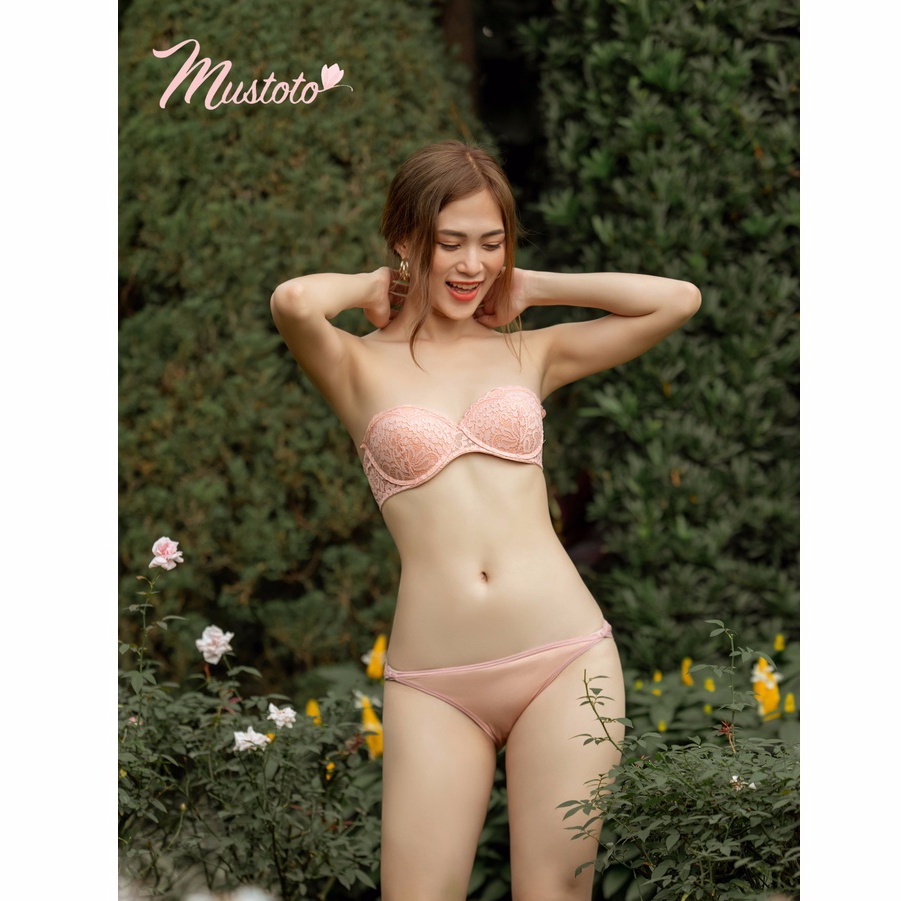Áo Lót Tháo Dây Chống Tụt Ren Mút Mỏng 1cm Cúp Ngang Bra Confetti Hồng Cam (Mustoto MA25)
