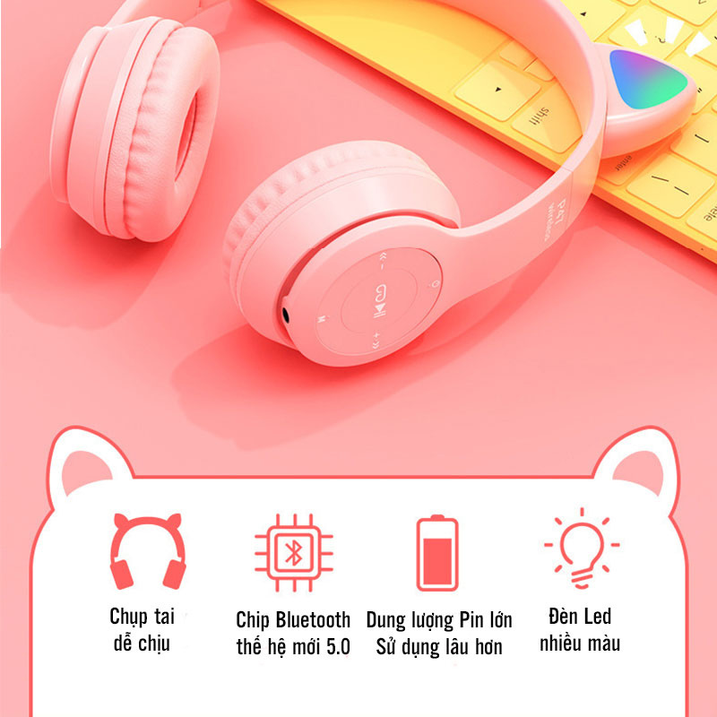 Tai Nghe Mèo Bluetooth , Headphone Tai Mèo Dễ Thương Có Mic,Âm Bass Mạnh Mẽ Và Pin 400mAh Nghe Liên Tục 9H LengendBass