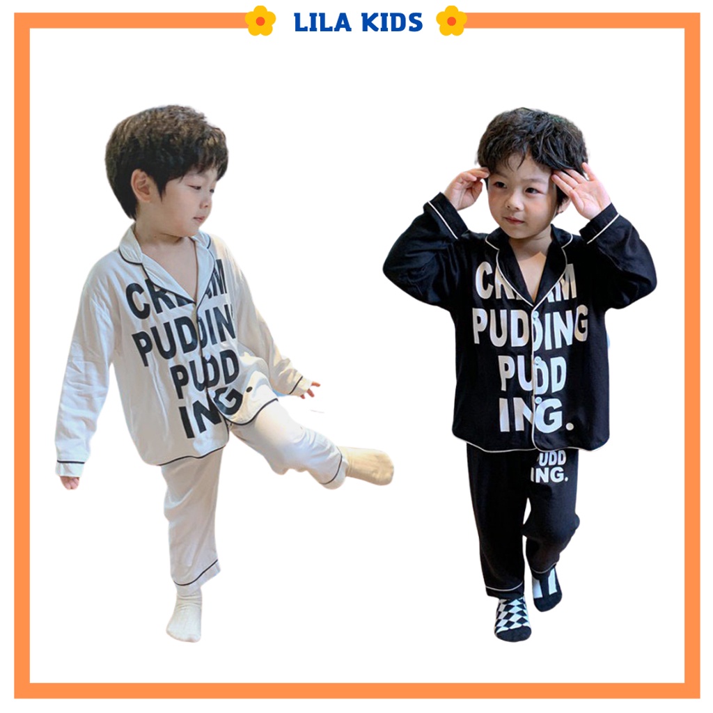Bộ Pijama lụa dài tay in chữ cho bé LILA KIDS, Bộ đồ ngủ dài tay cho bé trai và bé gái từ 6-28kg