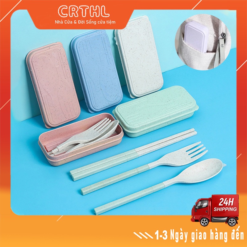 Bộ đũa thìa dĩa có hộp, mang theo bên mình, sử dụng chất liệu rơm lúa mì thân thiện với môi trường