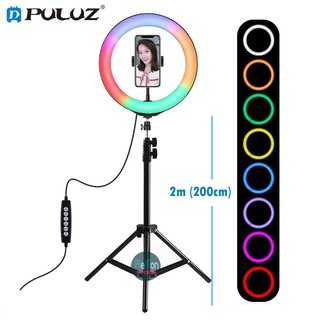 Đèn led tròn 26cm quay TikTok chỉnh chuyển 8 màu RGBW - Chân đứng nhôm cao 2m (200cm) - Hàng chính hãng Puluz