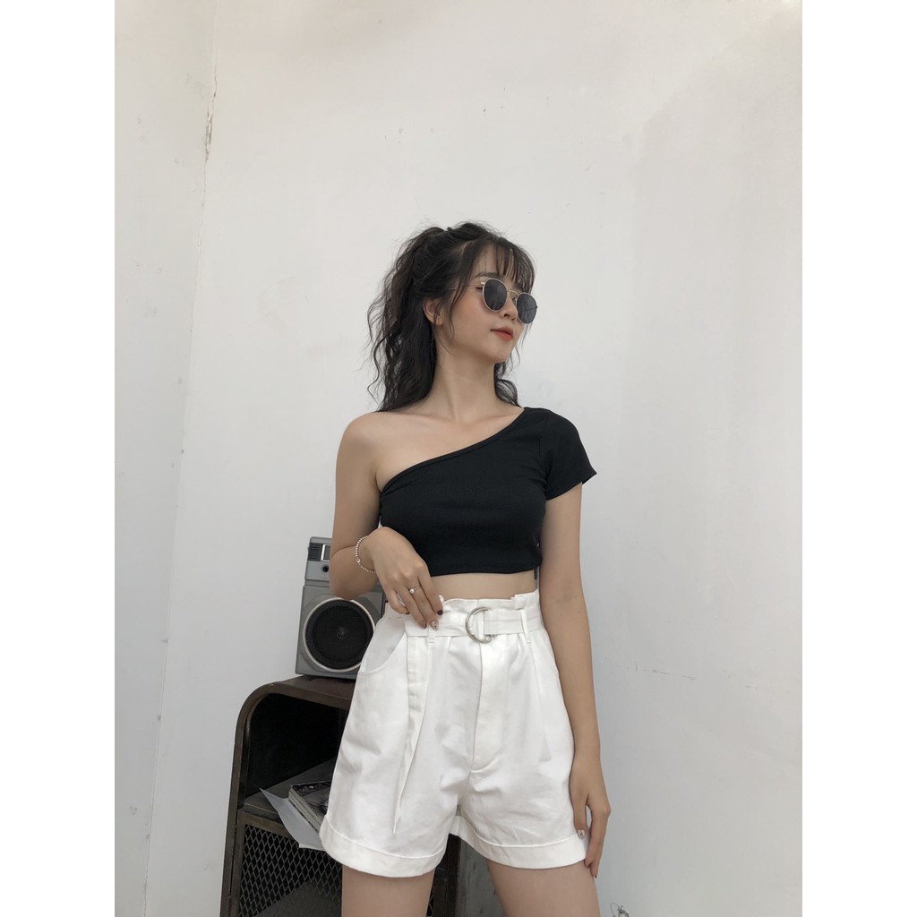 Áo kiểu croptop lệch vai nữ - Phông thun tăm crt ngắn tay cổ tròn dáng ôm body trơn nhiều màu sexy ulzzang HOT