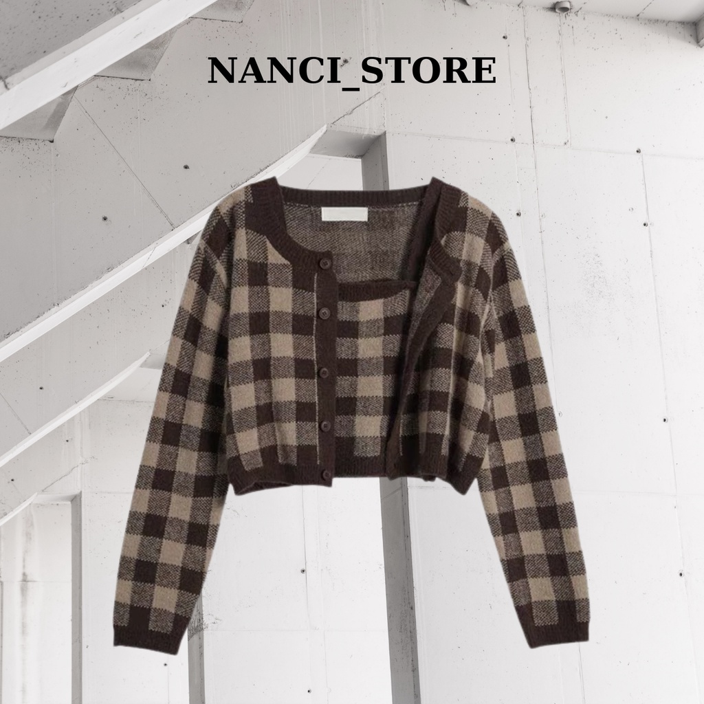 Set áo khoác len cardigan Nanci kèm áo 2 dây ô vuông màu NÂU , set áo len dệt croptop kẻ caro quyến rũ