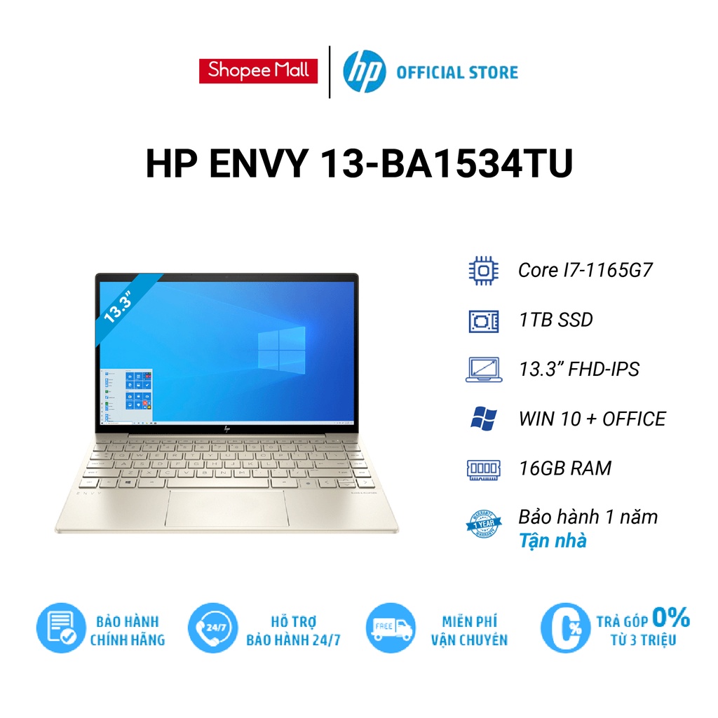 [Mã ELHP12 giảm đến 2TR2] Laptop HP ENVY 13 BA-1534TU 4U6M3PA i7-1165G7/16G/1TBSSD/13.3FHD/FP/3C51WHr/ALU/VÀNG/W10SL