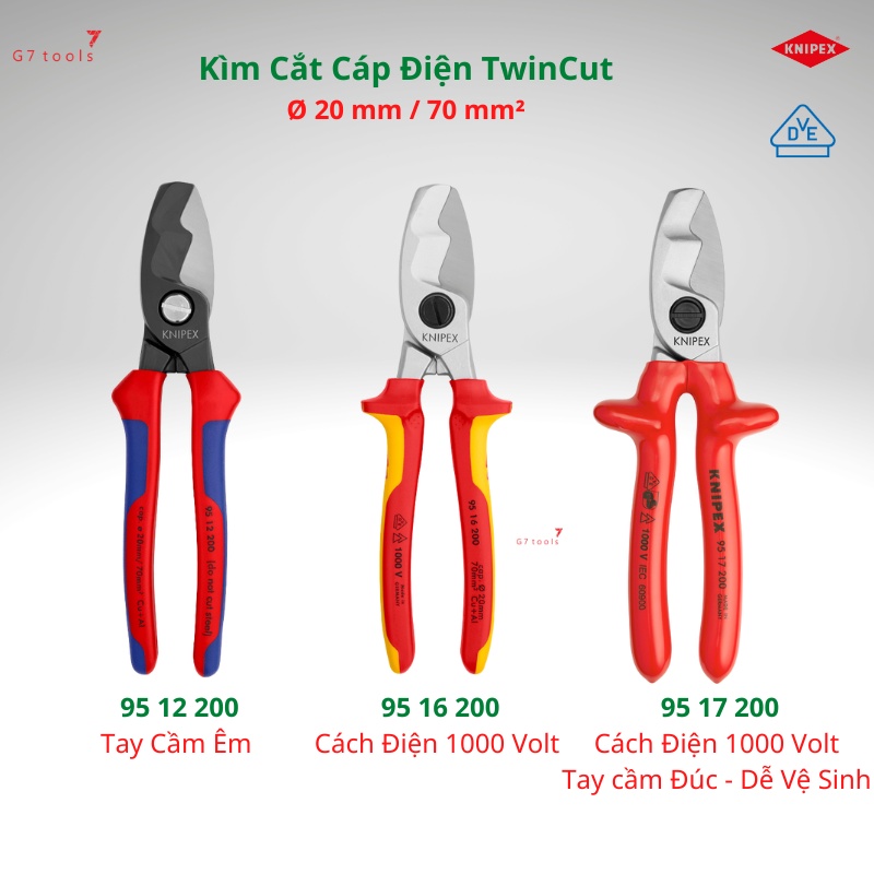 Kìm Knipex Cable Shears Lưỡi Đôi Twin Cutting Cắt Cáp Điện Ø 20mm Cách Điện 1000 Volt  95 16 200/ 95 17 200/ 95 12 200