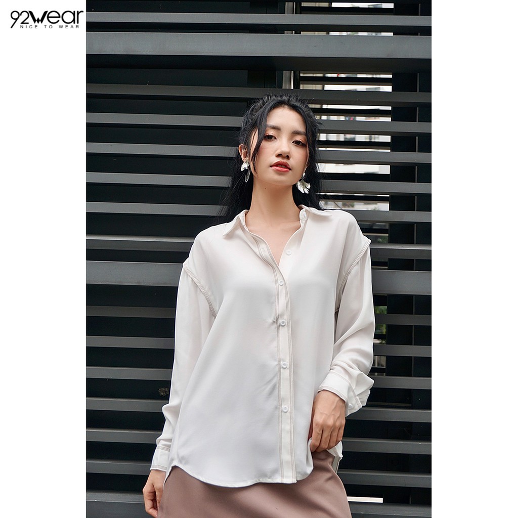 Áo sơ mi voan nữ công sở 92WEAR 2 MÀU, đủ size, form rộng trần chỉ trang trí ASW1011