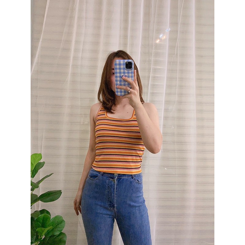 Áo croptop nữ chất cotton, áo ba lỗ cộc tay kiểu ôm vải co giãn Thun gân đũa màu sọc