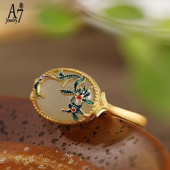Nhẫn Hở Mạ Bạc S925 A7Jade Mạ Vàng 18K Hình Hoa Xinh Xắn