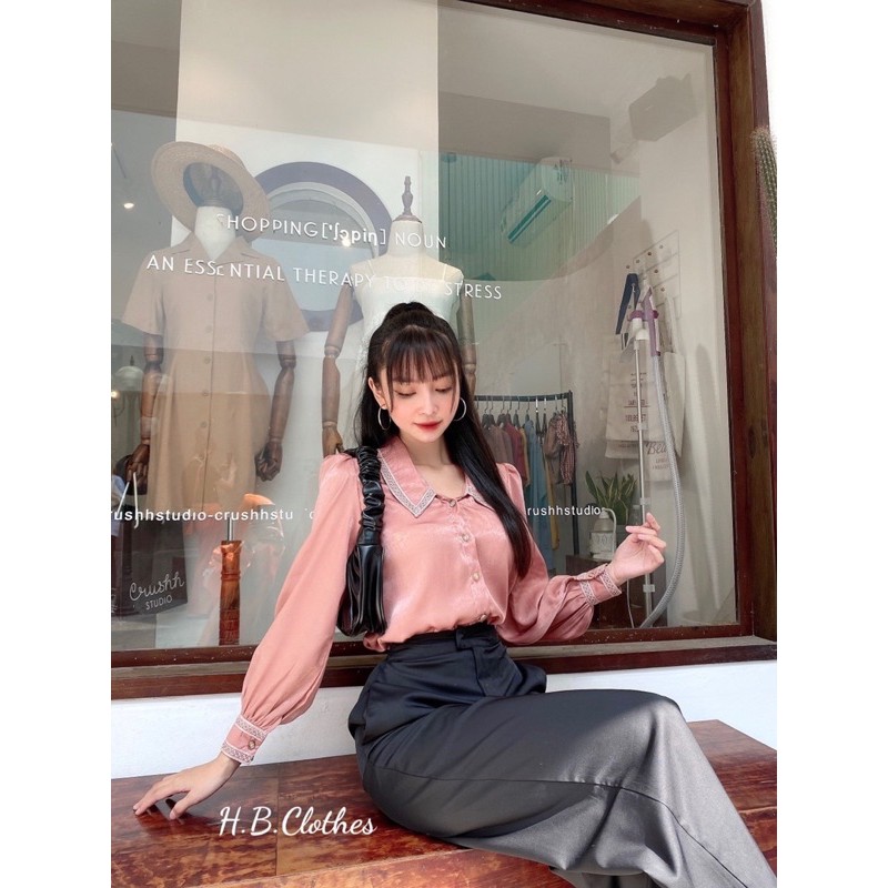 HB Set áo sơ mi cổ phối ren và quần ống suông | BigBuy360 - bigbuy360.vn