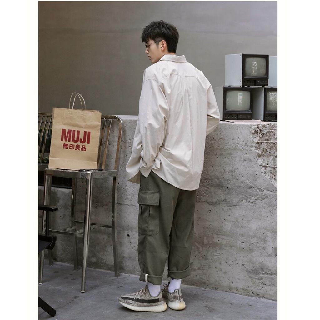 Áo sơ mi nam form rộng dài tay Boiz áo sơ mi nam unisex kaki túi phối 2 màu