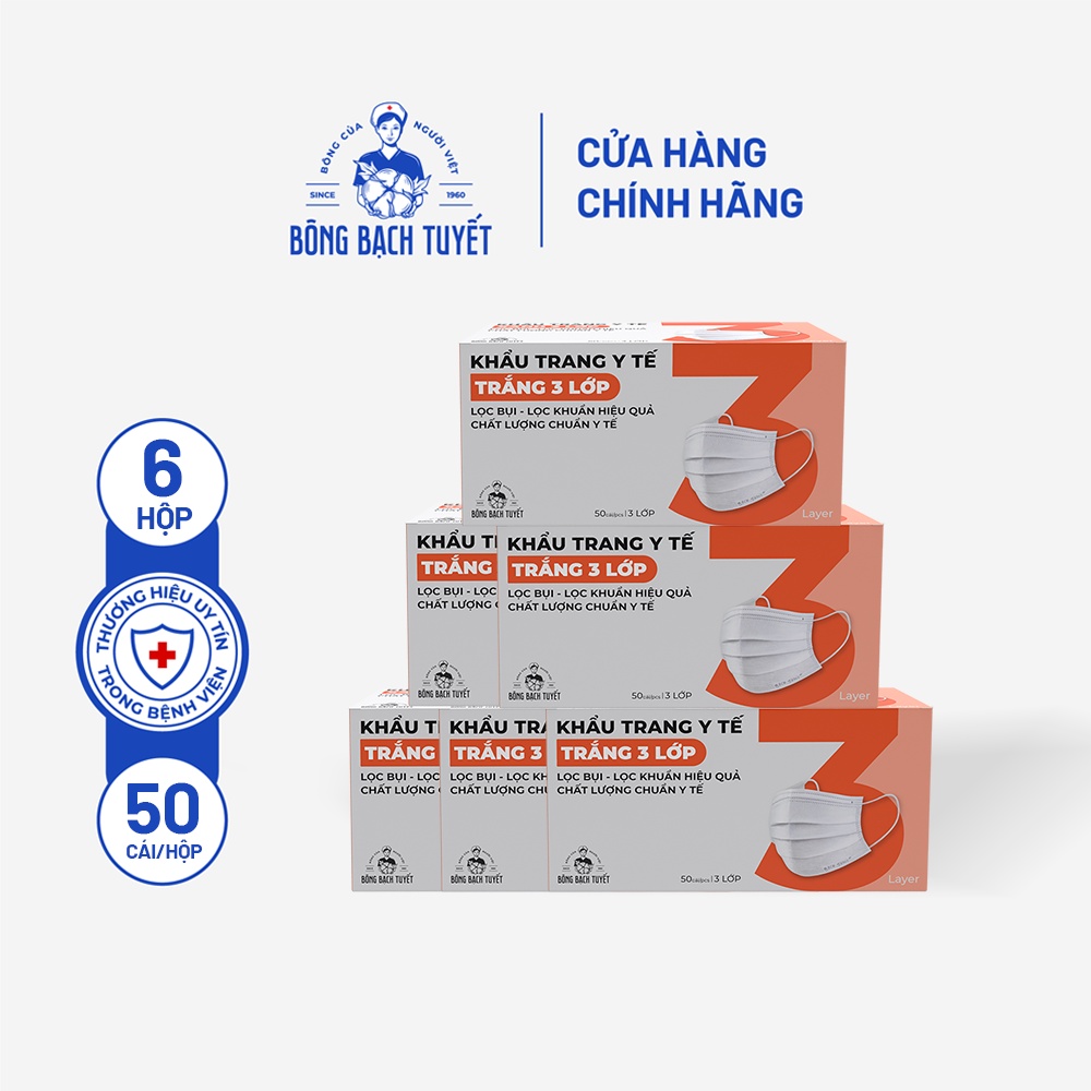 Combo 6 Hộp Khẩu trang Bông Bạch Tuyết 3 lớp trắng (50 cái/hộp)