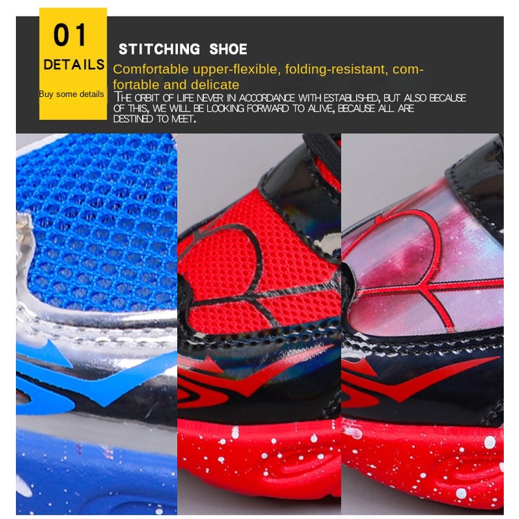 ♛Giày Thể Thao Da Phối Lưới Hình Người Nhện Có Đèn 2022 Cho Bé