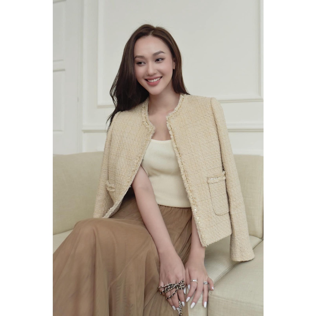 Áo Tweed cổ tròn 2 túi đứng Hàn Quốc