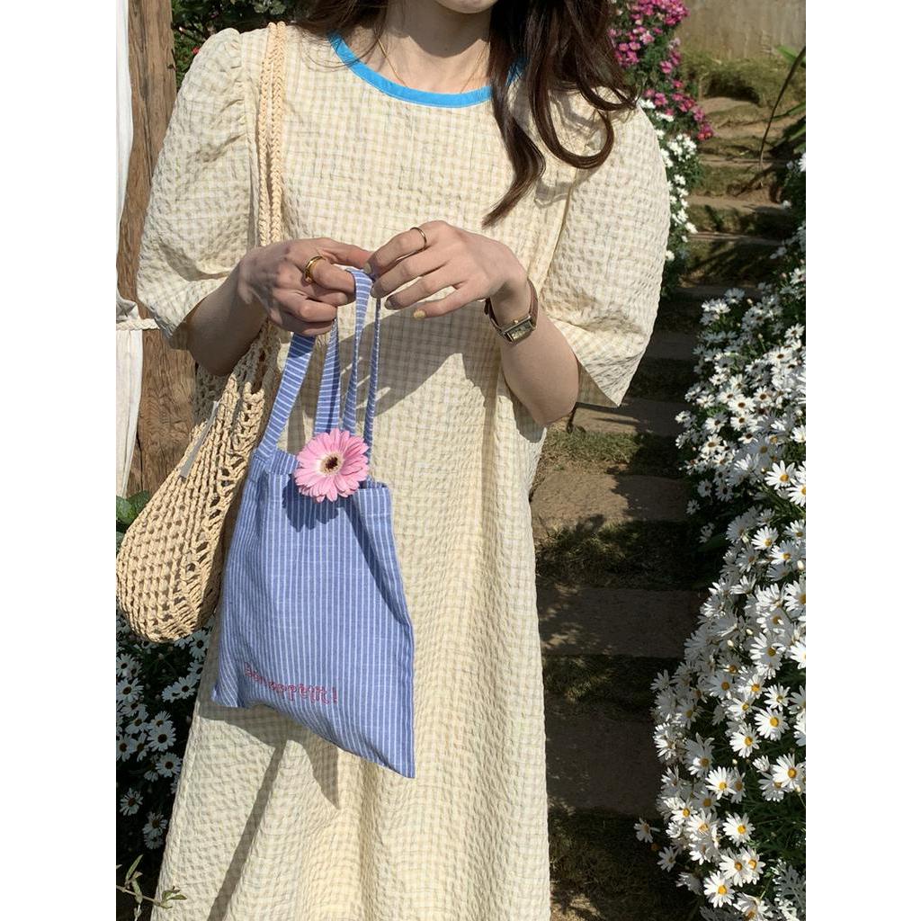 Đầm Sọc Ca Rô Dáng Rộng Ngắn Tay Phối Màu Tương Phản Thời Trang Mới 62594