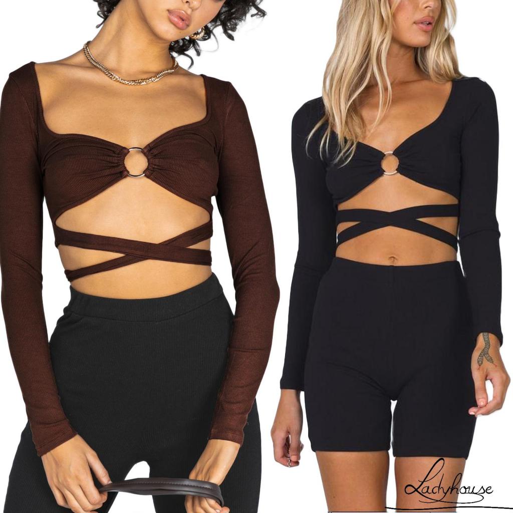 Áo Croptop Tay Dài Cổ Vuông Màu Trơn Khoét Lỗ Màu Trơn Quyến Rũ Cho Nữ