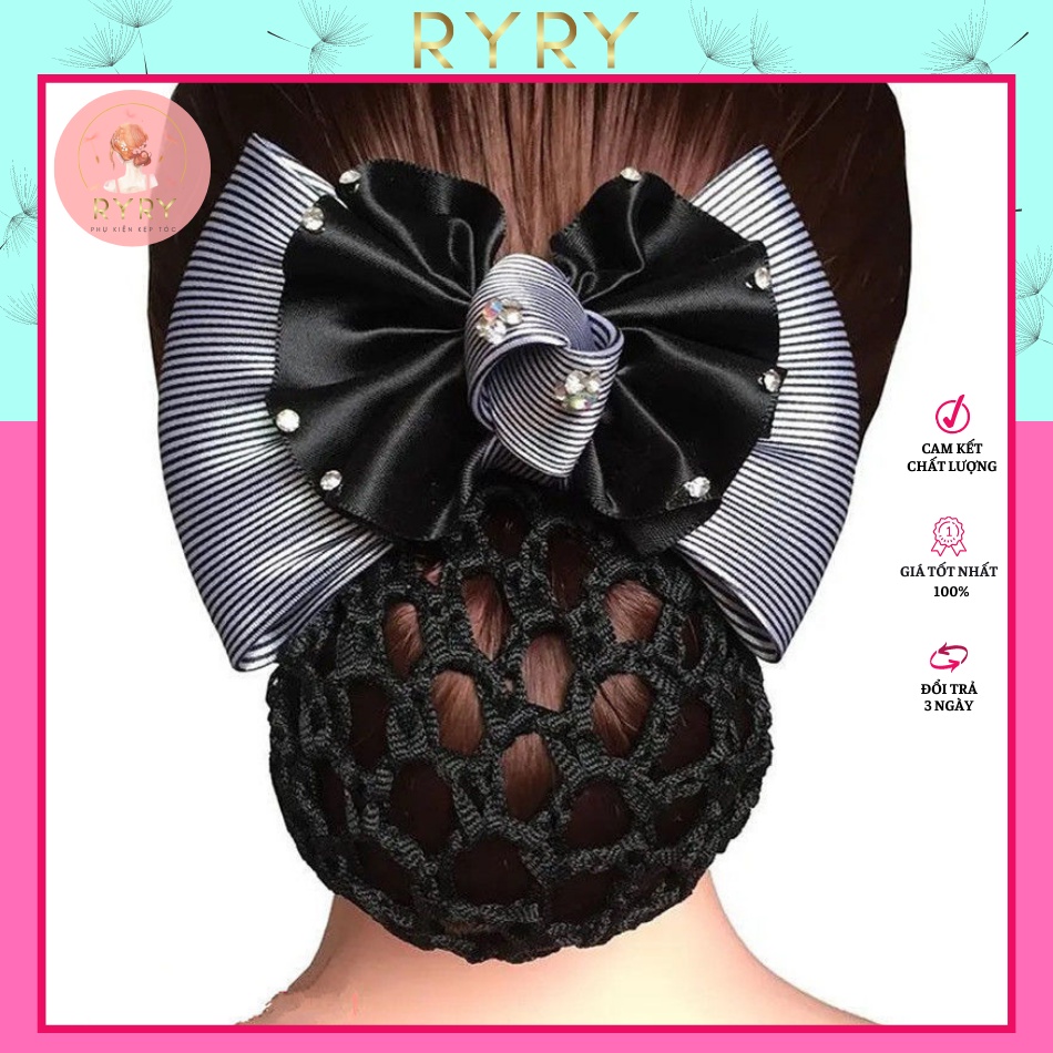 Lưới búi tóc trẻ trung hoạ tiết nơ bản to sang trọng màu sắc thanh lịch 11.5cm