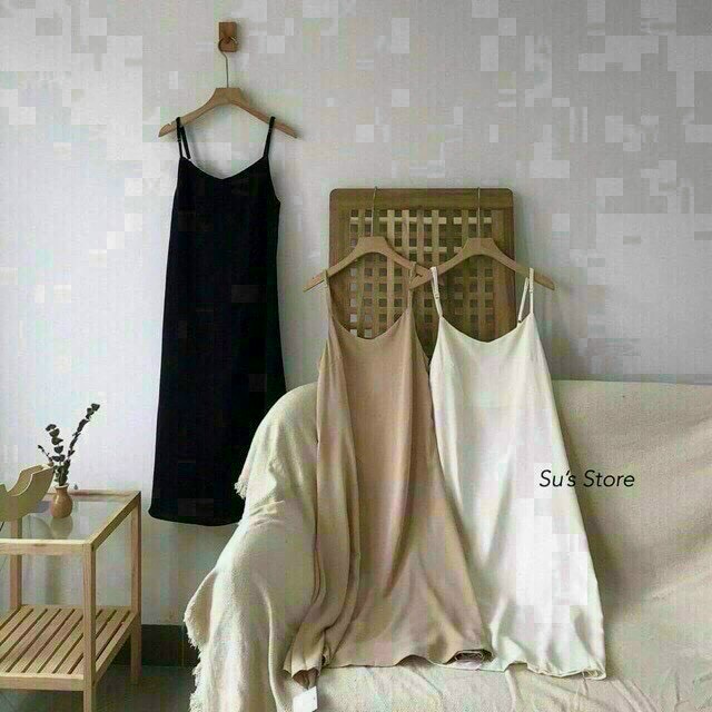 [9.9  Sales Freeship] Đầm voan basic trơn màu 2 dây xẻ tà, đầm maxi cổ vuông dáng dài qua gối đơn giản xinh xắn