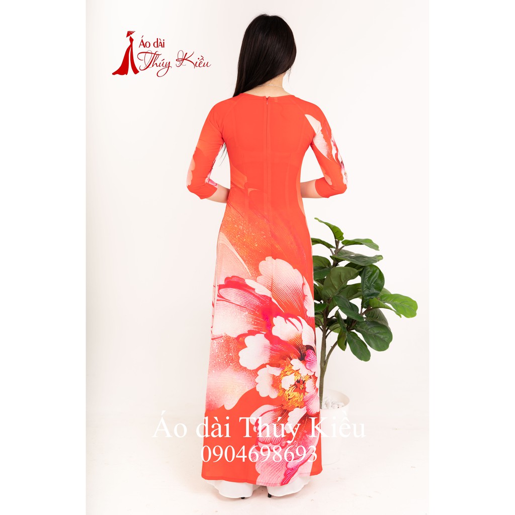 Áo dài Thúy Kiều in 3D lụa Nhật đỏ họa tiết hoa phượng K39