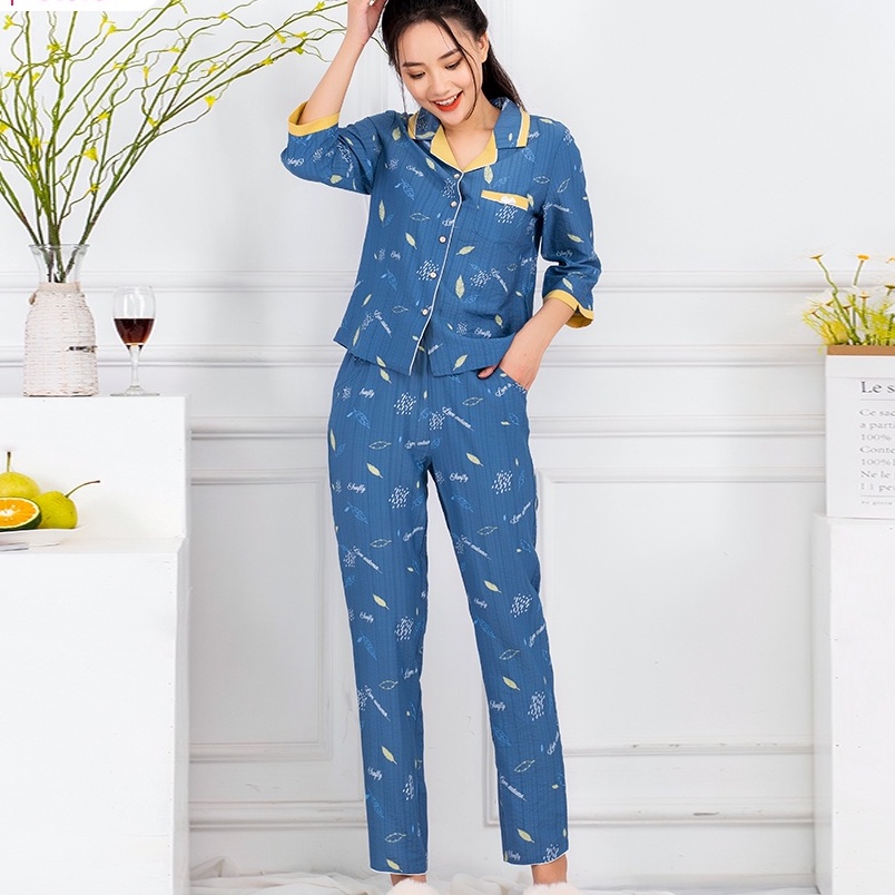 Bộ đồ nữ mặc nhà pijamas linen SUNFLY áo tay lỡ, quần dài ST8720