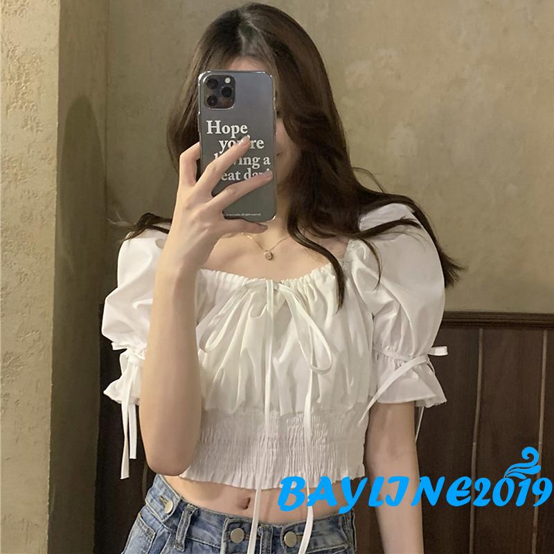 Áo Croptop Tay Phồng Ngắn Màu Trơn Có Dây Rút Thời Trang Cho Nữ