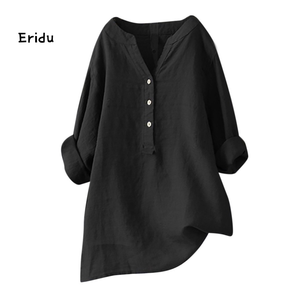 Korean Plus Size Women Solid Color V Neck Long Sleeve Shirt Loose Linen Blouse Top | WebRaoVat - webraovat.net.vn