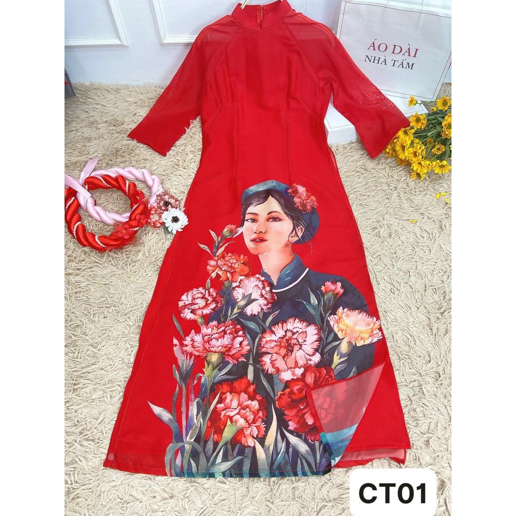 ÁO DÀI CÁCH TÂN TẾT CÔ GÁI ĐỎ, ÁO DÀI NHÀ TẤM - MÃ CT01