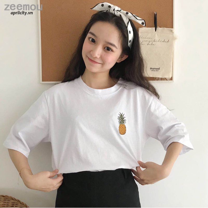 Áo thun ngắn tay màu trơn in hình quả dứa phong cách Hàn Quốc | BigBuy360 - bigbuy360.vn