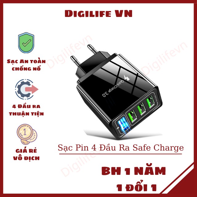 Củ Sạc Điện Thoại 4 Đầu ra USB Đa Năng Safe Charging - Cốc Sạc 5V-4.8A
