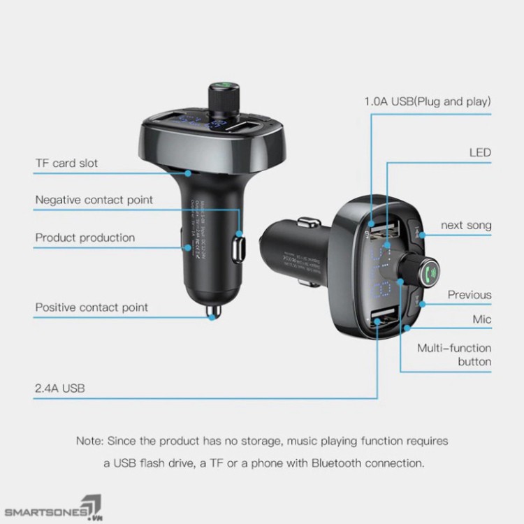 Tẩu sạc Baseus S09 trên ô tô  3.4A kết nối điện thoại qua Bluetooth V4.2, tích hợp Radio FM, nghe nhạc qua USB, TF