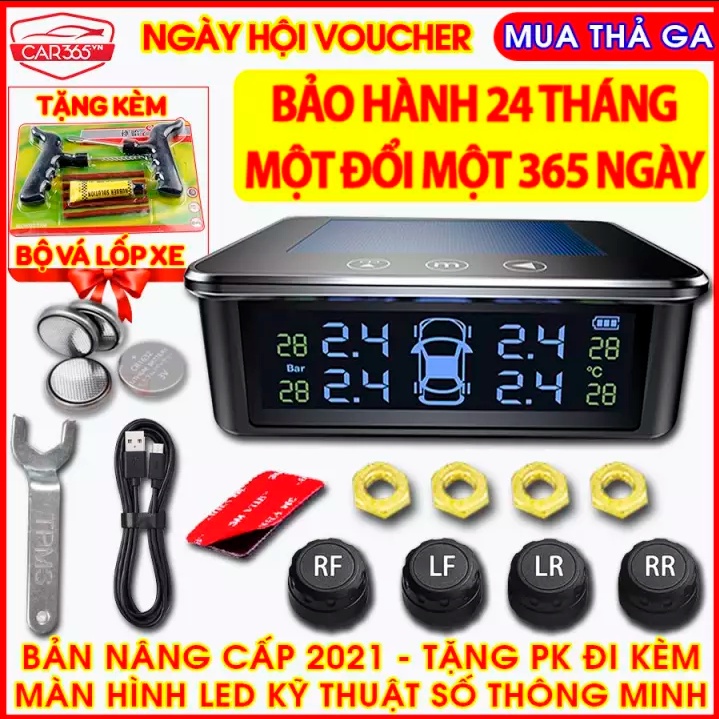 Cảm biến áp suất lốp ô tô xe hơi gắn ngoài cao cấp CAR365VN Cảnh báo tiếng Việt độc quyền - Pin mặt trời, Màn LCD